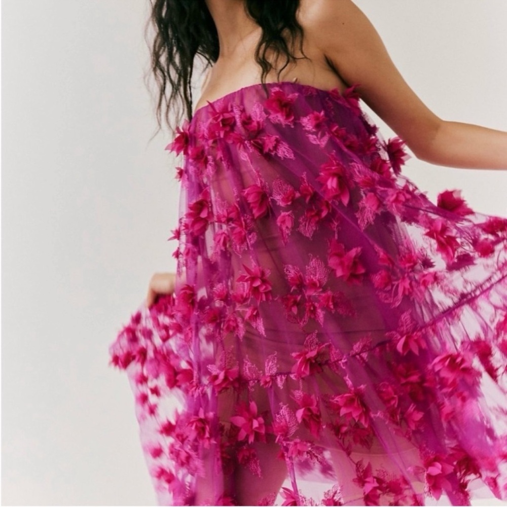 Strapless Mini Dress with 3D Floral Appliqué in Fuchsia